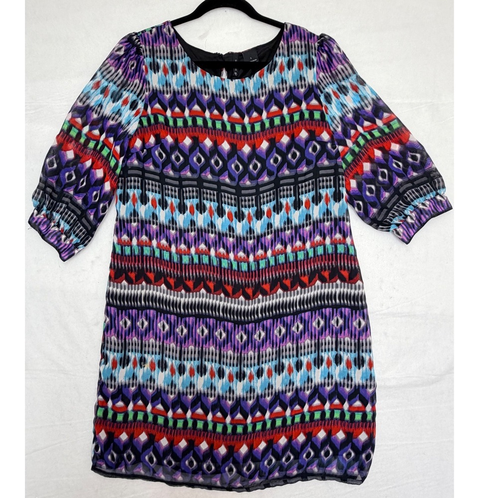 New Directions‎ Womens Large Purple Ikat Geometric Puff Sleeve Shift Dress Lined